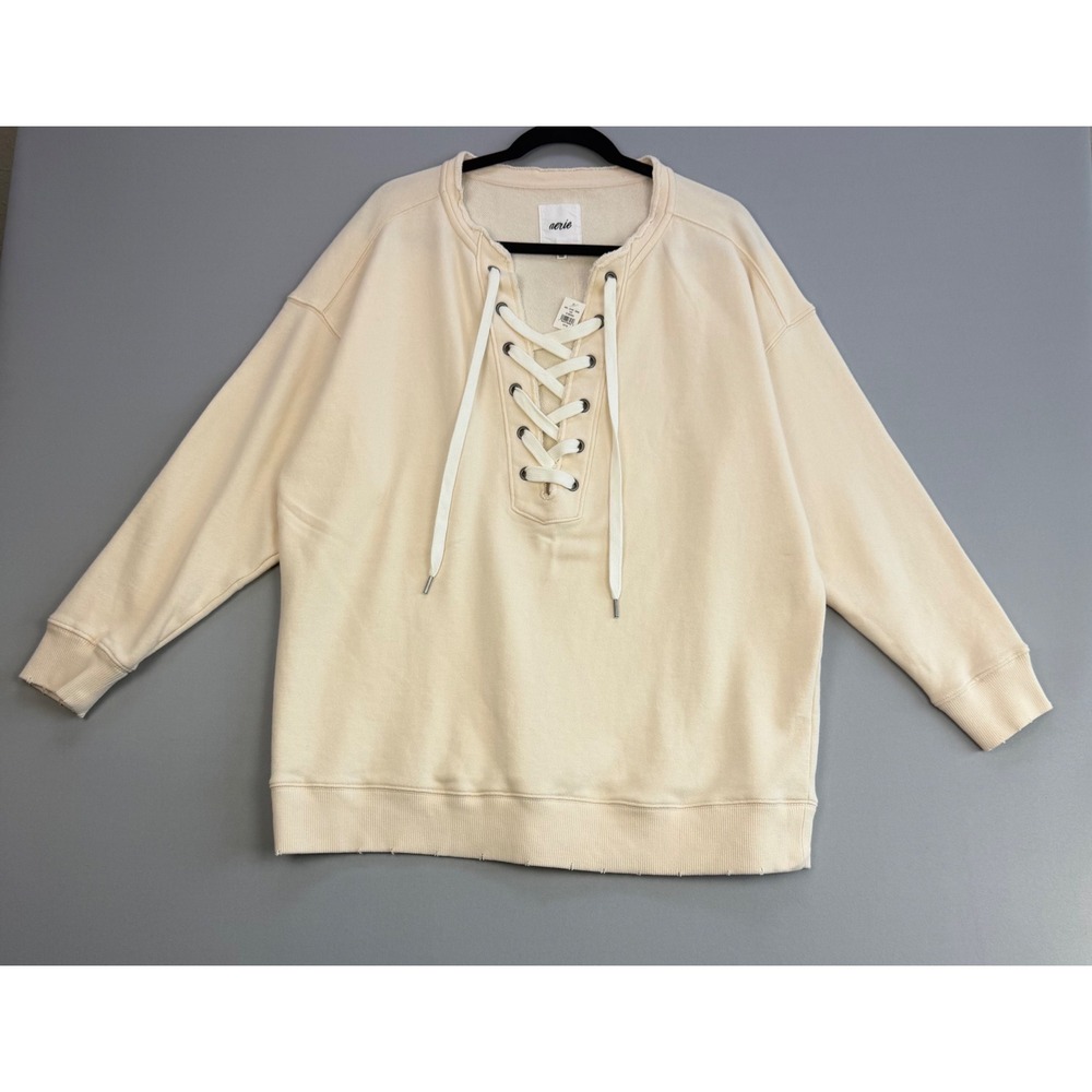 Aerie Lace Up Oversized Sweatshirt Vintage Vanilla French Terry Medium